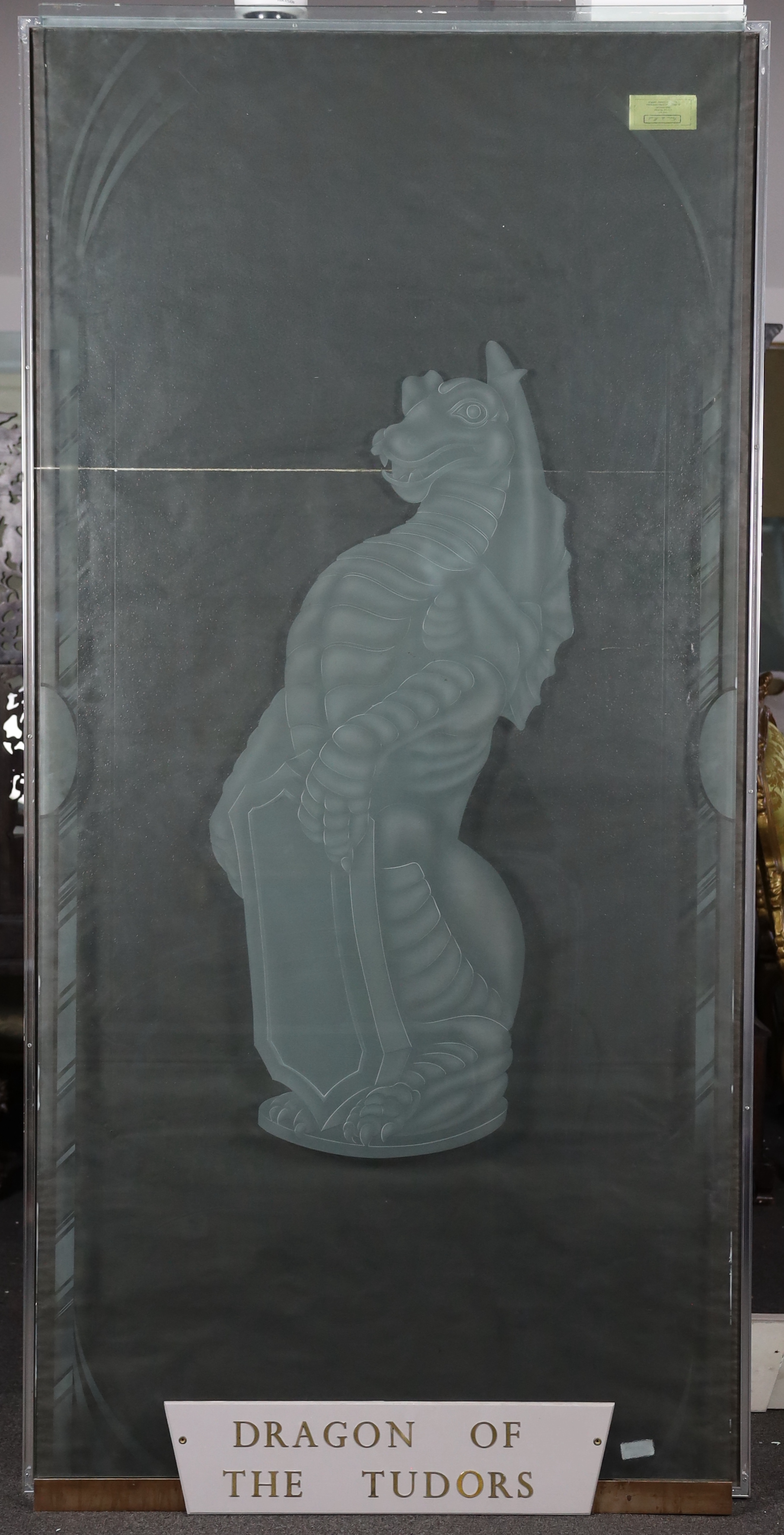 A set of six large cut and etched glass door panels 112cm wide, 230cm high